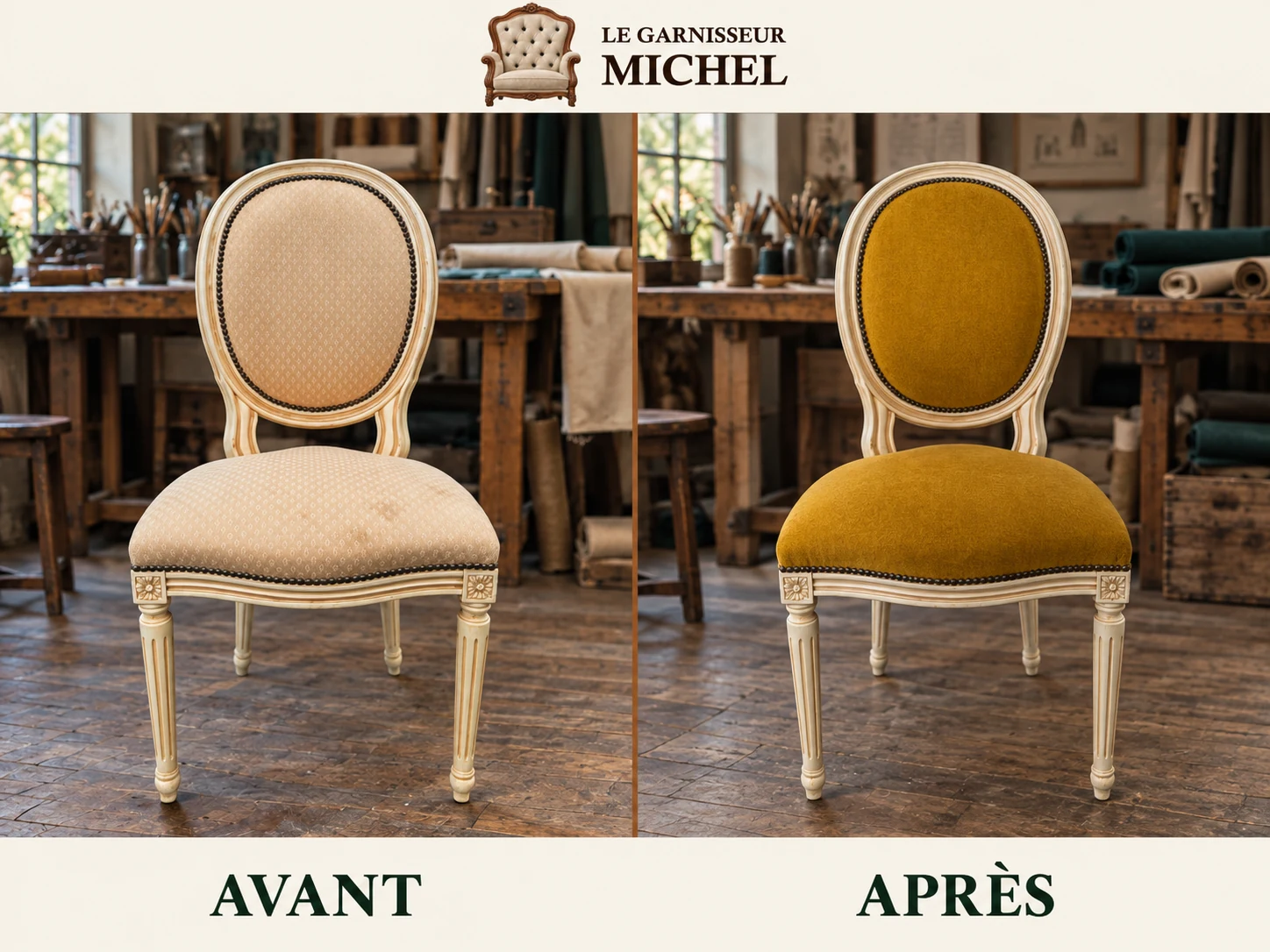 Chaise médaillon en tissu moutarde : avant à gauche, après à droite