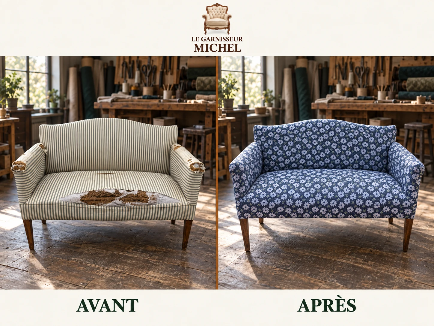 Petit canapé au tissu fleuri bleu : avant à gauche, après à droite