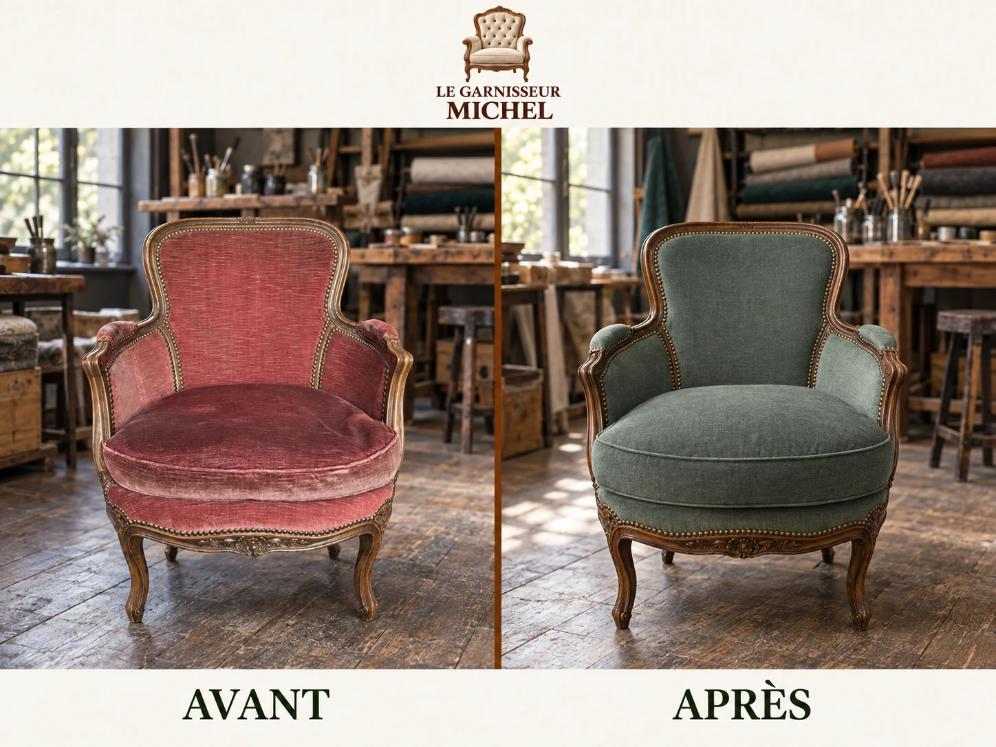 Fauteuil de style en velours vert : avant à gauche, après à droite